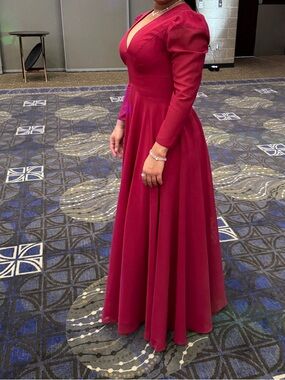 JJs House Deep Burgundy Long-Sleeve A-Line Evening Gown